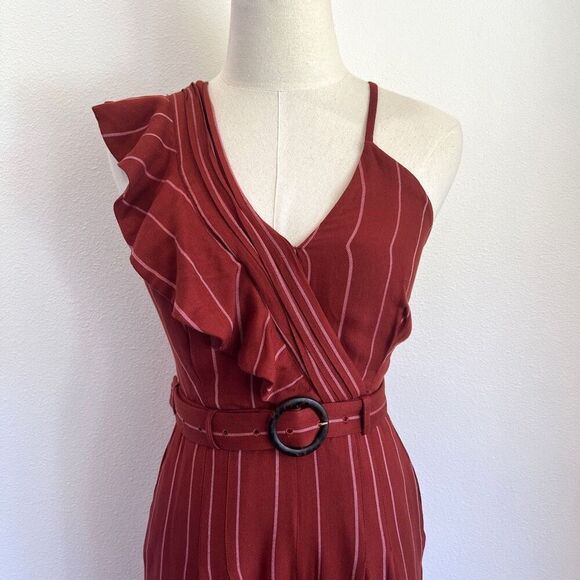 Three Floor Margaux Jumpsuit Rust Striped One-Shoulder Ruffle Belted Size 4 - Picture 3 of 15